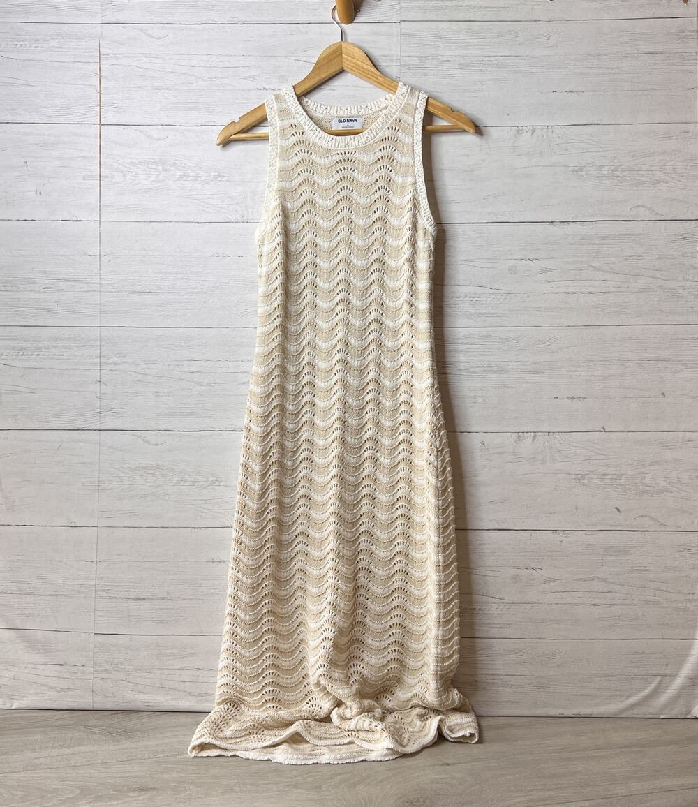 Old Navy Dress Womens Size Medium Tan & Ivory Sleeveless Pointelle-Knit Crochet